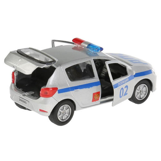Машина металл RENAULT sandero ПОЛИЦИЯ, 12 см, двери, багаж., инерц., кор. Технопарк в кор.2*24шт